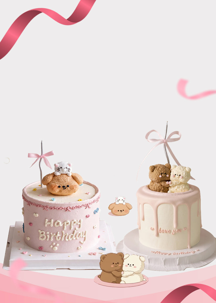 Cute animal birthday cakes with kitten, puppy and hugging bear designs, available for delivery in Sydney.