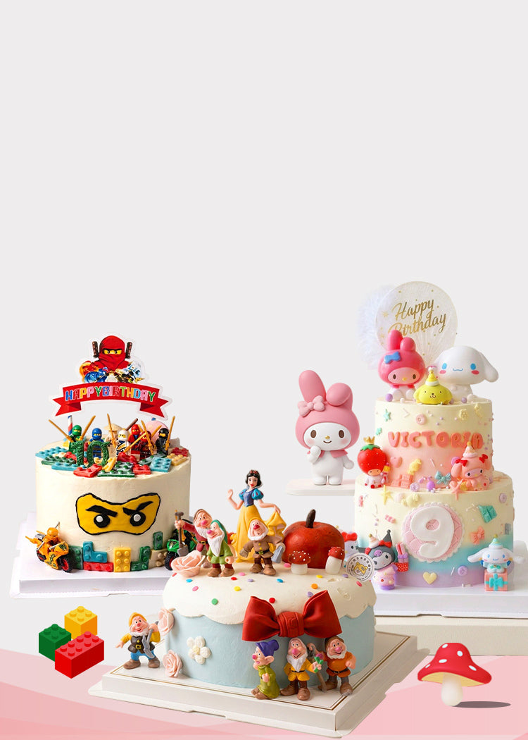 Colourful character birthday cakes featuring Ninjago, Snow White and Sanrio designs by Grainbuds Sweets.